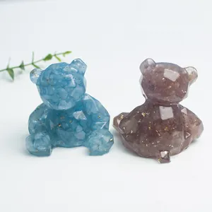 Paire de figurines d'ours géométriques en cristal avec pierres et feuilles d'or