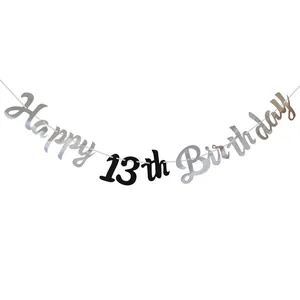 Ασημί και μαύρο πανό Happy 13th Birthday για διακόσμηση πάρτι γενεθλίων