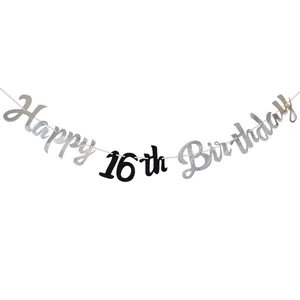 Μαύρο και ασημί πανό Happy 16th Birthday για διακοσμήσεις πάρτι και εορτασμούς