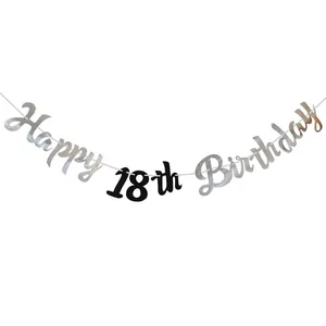 Ασημί και μαύρο πανό Happy 18th Birthday για μοντέρνα διακόσμηση πάρτι γενεθλίων