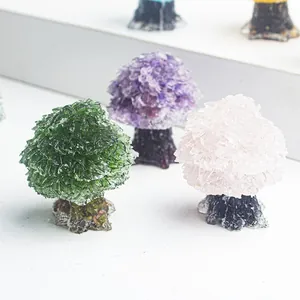 Mini crystal money tree decor with resin gemstone clusters for home office tabletop