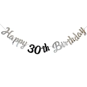 Ασημένιο πανό Happy 30th Birthday με μαύρους αριθμούς για διακόσμηση πάρτι
