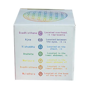 Detail der weißen Verpackung mit Chakra-Symbolen und Blume des Lebens-Design