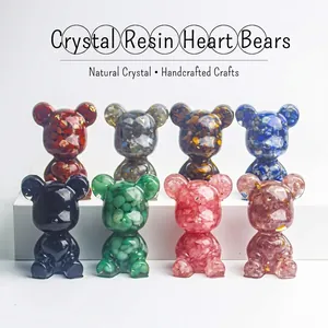 Statue d'Ours en Résine de Cristal Naturel Fait à la Main Avec Feuille d'Or Cœur Figurine d'Animal Pour Décoration de Bureau