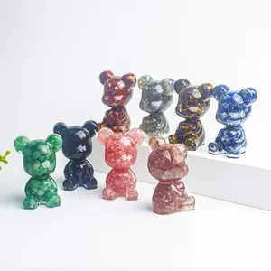 Figurines d'ours en cristal avec pierres concassées naturelles et feuilles d'or