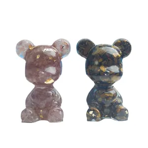 Figurines d'ours faites main en résine violette avec feuilles d'or et œil de tigre