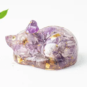 Natural Crystal Stone Chips Resin Sleeping Cat Figurine With Gold Foil Desktop Decorative Animal Statue Ornament Home Office Gift