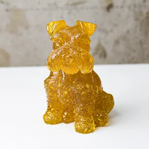 Detailed close-up of amber translucent schnauzer statue with intricate crystal textures