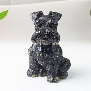 Resin Schnauzer Dog Figurine With Gold Foil Crystal Stone Desktop Ornament Puppy Sculpture Home Office Decor Gift
