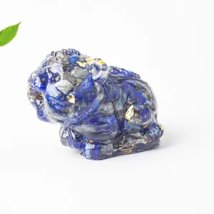 Lapis lazuli blue crystal tiger figurine with gold foil accents for home office decor