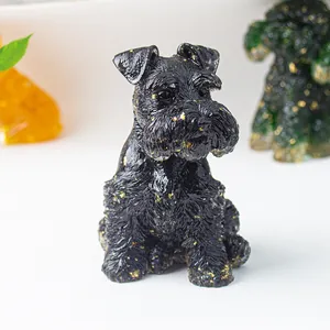 Handcrafted black Schnauzer dog figurine with gold leaf inlay crystal resin ornament