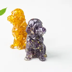 Golden Retriever crystal resin dog figurines with gold foil in purple and yellow hues