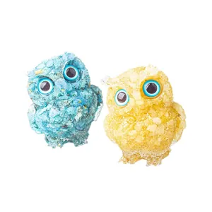 Natural crystal owl resin figurines with blue glass eyes for home and office desktop decor