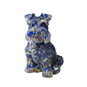 Lapis lazuli schnauzer dog statue with natural stone texture and golden speckles