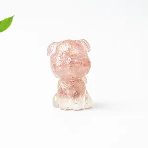 Macro detail of a translucent pink crystal Schnauzer dog figurine on a white background