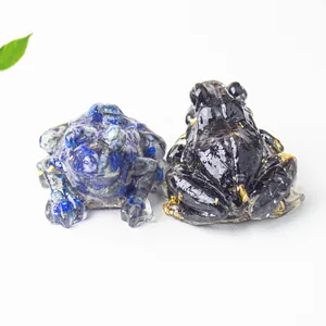 Natural crystal resin frog figurines in lapis blue and black gold foil for desk decor