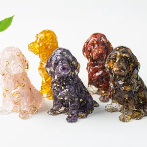 Natural Crystal Stone Resin Dog Figurine With Gold Foil Inlay Mini Golden Retriever Labrador Statue For Home Office Desk Decoration