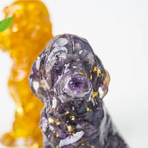 Golden Retriever crystal dog figurine with purple resin and shiny gold foil accents