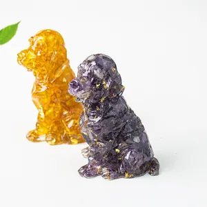 Golden Retriever dog statues crafted with natural crystal stones and resin gold leaf
