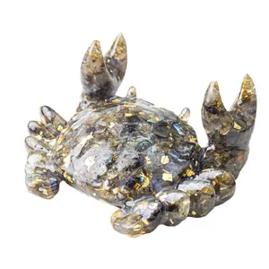Crab phone holder made of resin with natural crystal stones and gold foil flakes