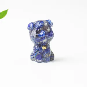 Lapis lazuli resin schnauzer dog figurine with natural crystal stone and gold bell decoration