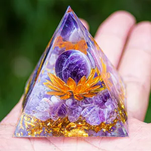Pirámide de Orgón Esfera de Cristal de Amatista Flor de Loto Oro Resina Orgonita Generador de Energía para Decoración de Hogar Oficina Regalo Espiritual