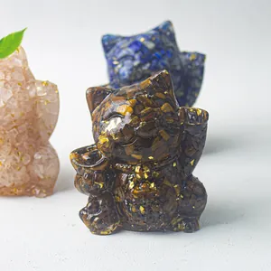 Fortune cat crystal resin figurine set with Tiger's Eye, Rose Quartz and Lapis Lazuli