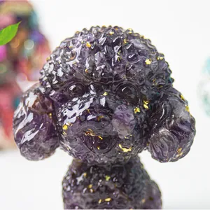 Purple crystal teddy dog figurine with gold flakes in resin for desktop decor