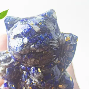 Blue resin Maneki-neko figurine with lapis lazuli and gold foil chips for home decor