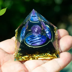 Orgone Virgo pyramid with amethyst ball, gold flakes and black stones, 6cm size
