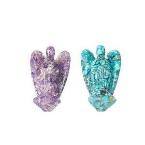 Resin angel figurines filled with amethyst and turquoise crystals for home decor