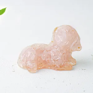 Detail of pink crystal resin sheep figurine with natural translucent stone texture