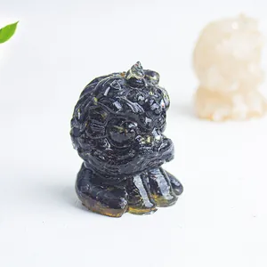 Macro shot of obsidian resin guardian lion statue with translucent crystal texture details