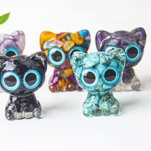 Cute resin cat figurines with colorful natural crystals and big blue eyes for desk decor