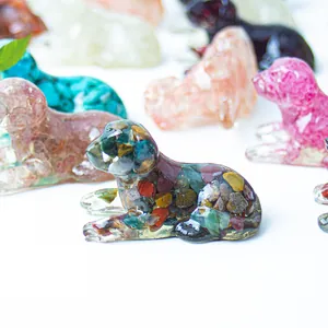 Macro detail of dog resin figurines featuring natural colorful crystal stone inlay