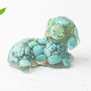 Detailed view of turquoise resin dog figurine with natural crystal stone texture