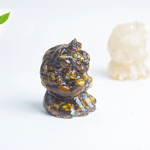 Detailed macro view of a polished tiger eye stone carved guardian lion desktop ornament