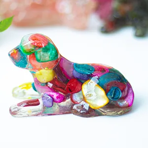 Miniature Crystal Crushed Stone Epoxy Dog Figurine Resin Puppy Statue For Home Office Desk Decor Healing Crystal Animal Ornament Gift