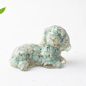 Macro detail of dog figurine crafted with natural green crystal stones and clear resin