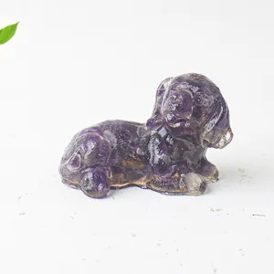 Detailed view of a purple crystal resin dog figurine with natural mineral texture