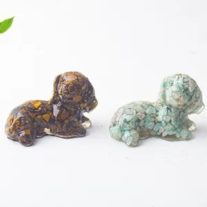 Natural Crystal Chips Resin Dog Figurine Animal Statuette Desktop Ornament Home Office Decorative Crafts Living Room Decor