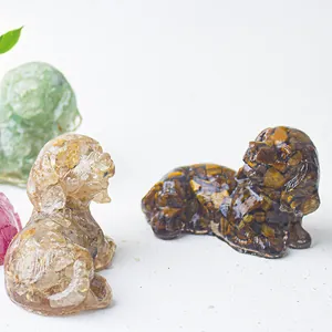 Handcrafted crystal resin dog figurines in various natural stones for home desk decor