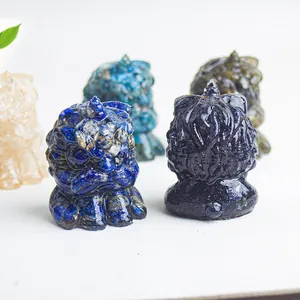 Handcrafted crystal lion statues in lapis lazuli and citrine for home desktop decor