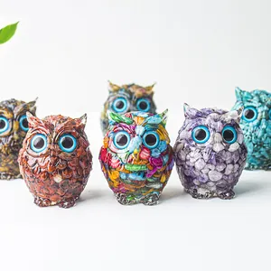 Détails de figurines hiboux en résine et cristal avec pierres et yeux bleus