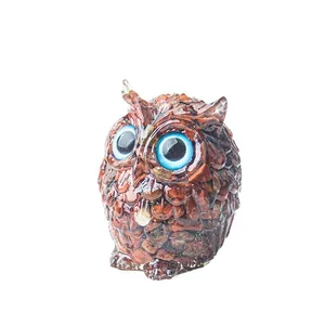 Décor de hibou artisanal en pierres de cristal marron et grands yeux bleus pour bureau