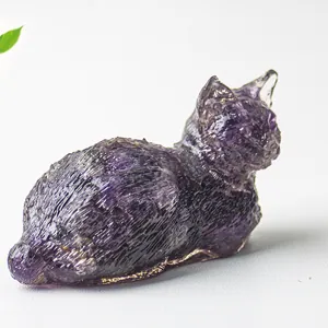 Figura de gato en resina de cristal de amatista natural para decoración de mesa