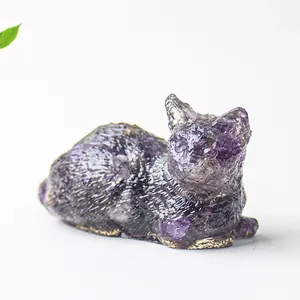 Figura de gato de cristal púrpura natural y resina con borde dorado para oficina