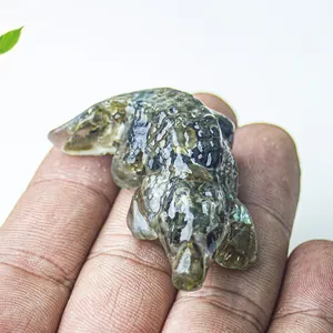 Macro detail of a miniature resin crocodile figurine showing scales and translucent texture