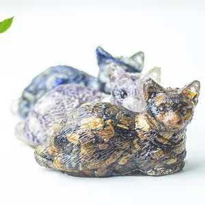 Figuritas de gato de resina con cristales naturales y piedras para decoración del hogar