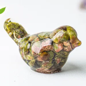 Resin bird figurine with natural crushed crystals for green plant and desk decoration